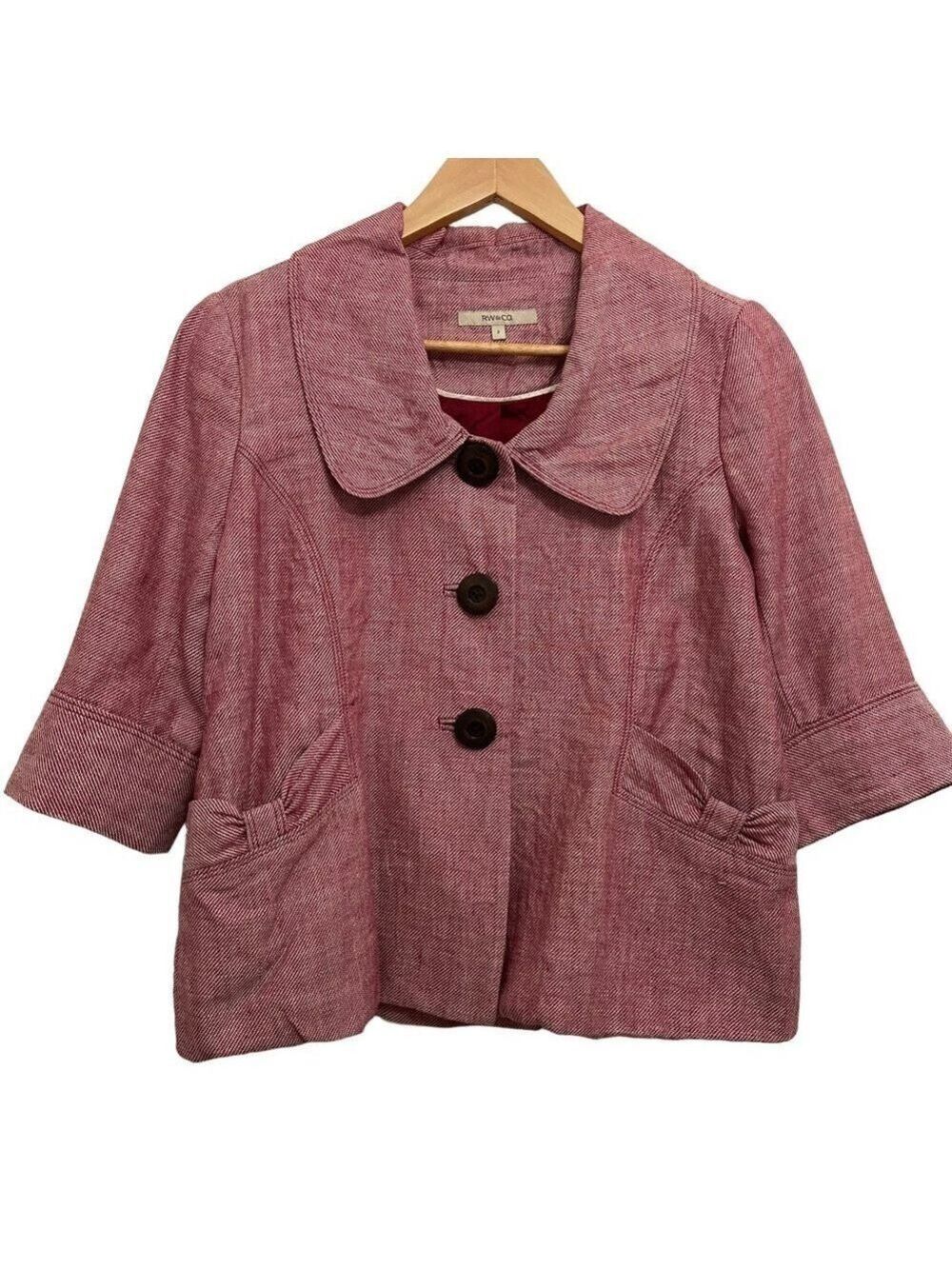 RW&CO 100% linen crop blazer red/pink button up classic style 3/4 sleeves size 6
